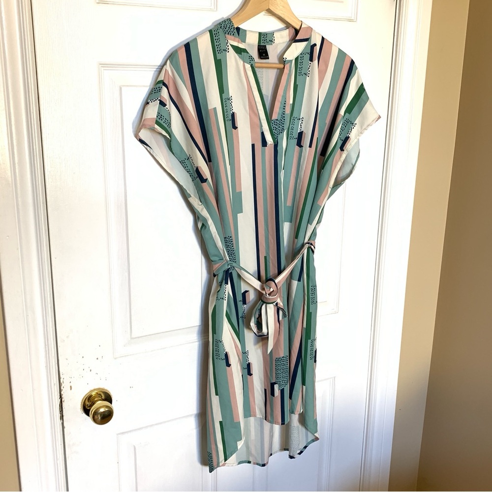 ⚡️3 for 25⚡️Emery Rose Pink, Green & Beige Striped Midi Dress With Belt Size XL